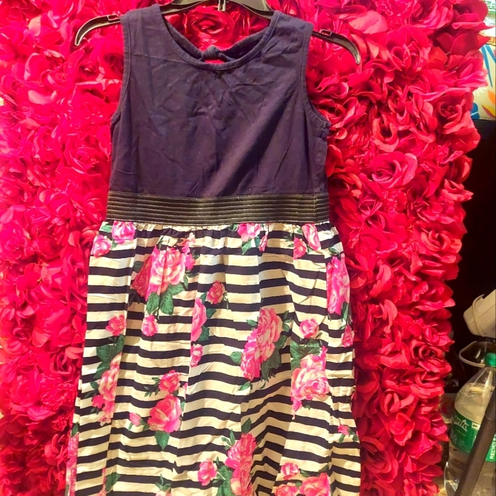 LA Conduct Girls Size XL Black Tank Dress with Horiz Striped/ Rose Detail Bottom